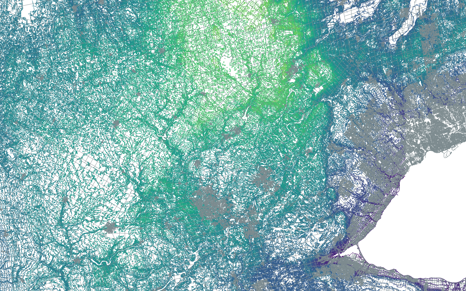 Image of coloured elevation contours in south-western Ontario